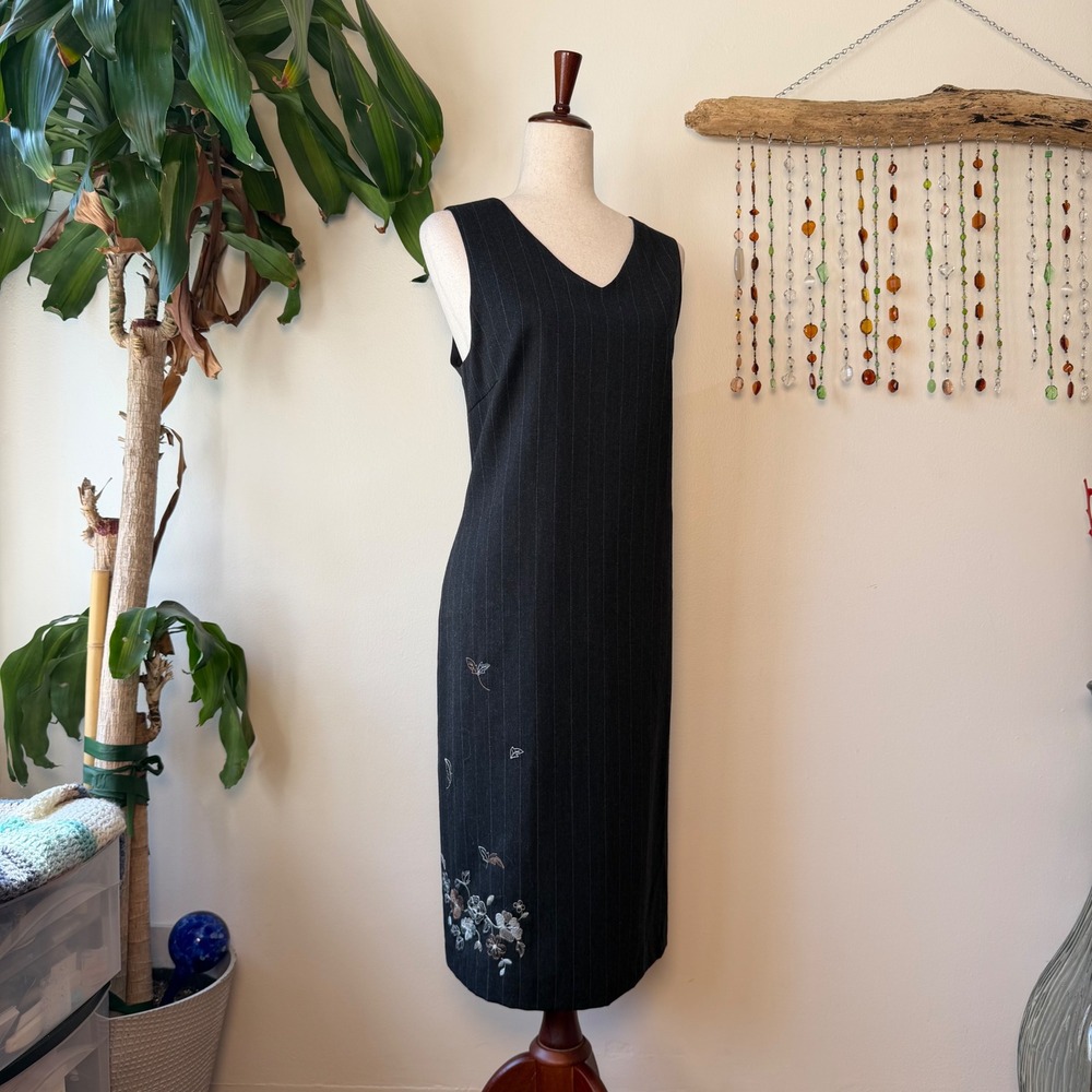 Harve Benard Vintage 90s Wool Embroidered Pinstripe Shift Dress Grey Office 12